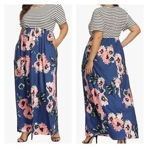 Allegrace Floral Print Stripe Patchwork Maxi Dress Short Sleeve Size 2X